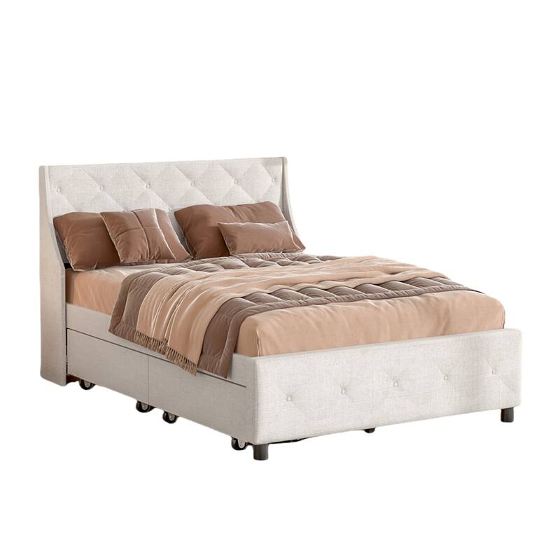 Metal Queen Storage Platform Bed Frame with Headboard, No Box Spring
