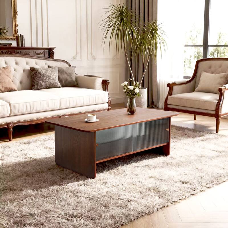47" Modern Coffee Table with Sliding Glass Doors & Ample Storag