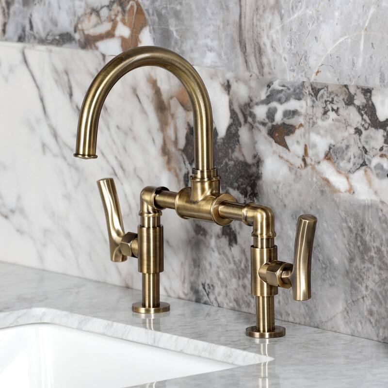 Kingston Brass Hallerbos Two-Handle 4-Hole Deck Mount Bridge Bathroom Faucet with Brass Pop-Up Drain