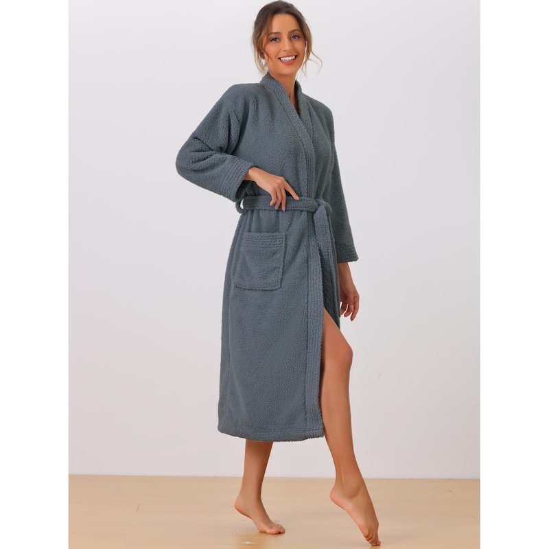 Women's Fluffy Fleece Robe Long Sleeve Thick Plush Self Tie Long Bathrobe - Grey - L