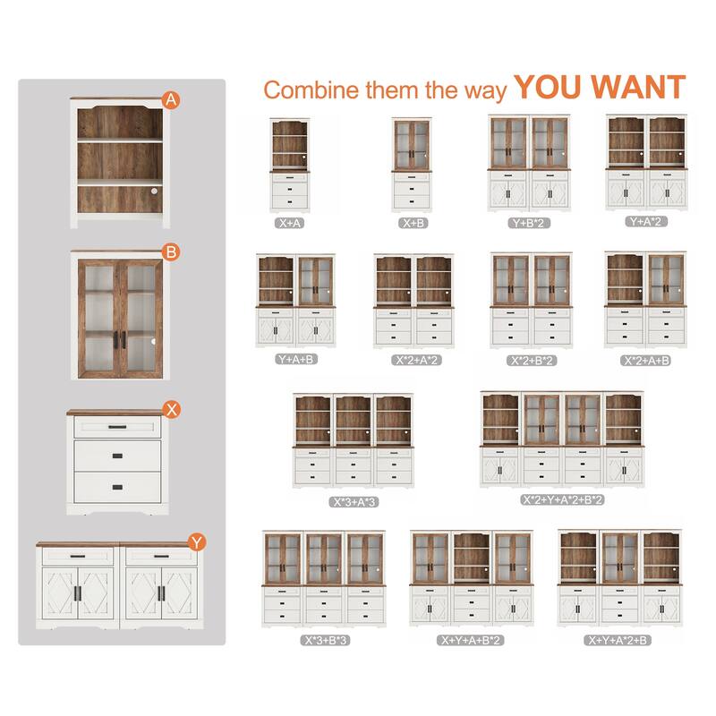 3-Column 73.3" Tall Bookshelf Set with Open Storage and Glass Doors