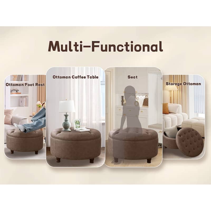 Tufted Round Storage Ottoman, Faux Leather