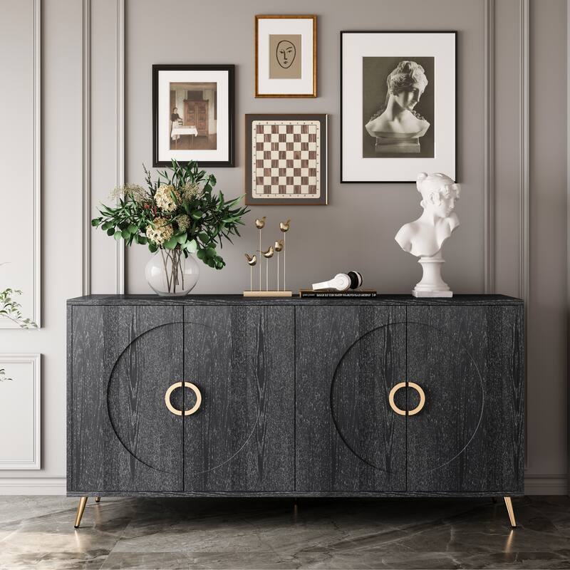 Modern Style Wood Sideboard,Buffet Sideboard with Metal Legs/Hinge,Adjustable Shelves - Distressed Black