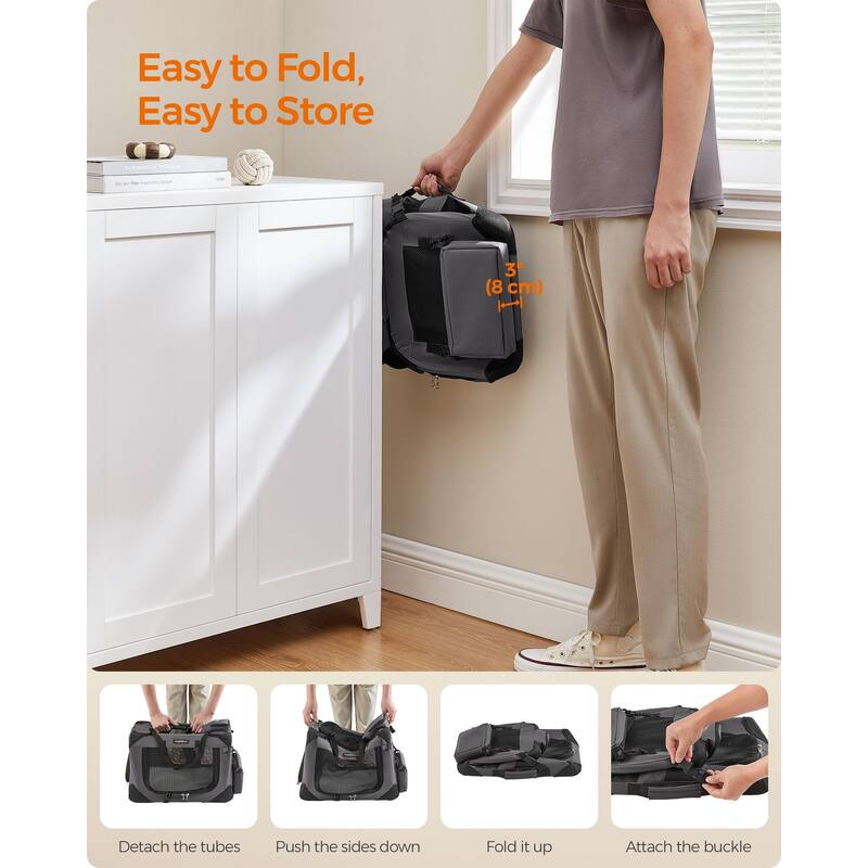 Collapsible Pet Carrier, Oxford Fabric, Mesh, Metal Frame, With Handle, Storage Pockets