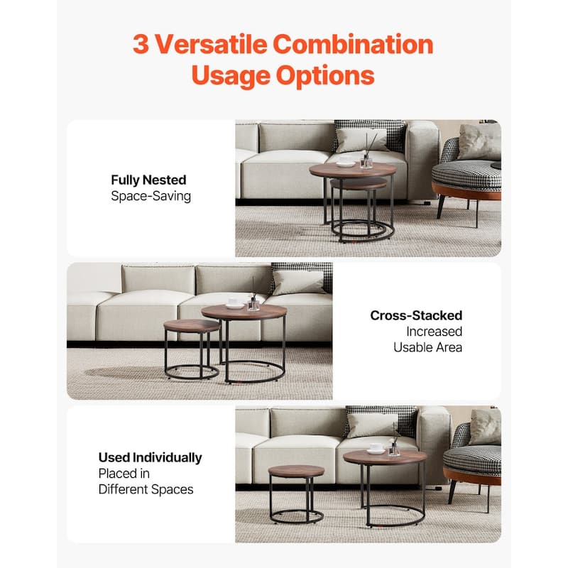 Round Nesting Coffee Tables Set of 2 with Metal Frame for Small Spaces Bedroom