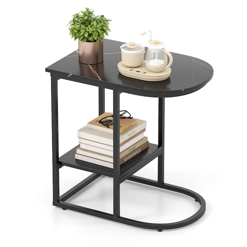 2 Tier Faux Marble C Shaped Bedside End Table with Metal Frame for Living Room Decor or Bedroom - 24" x 16" x 24"