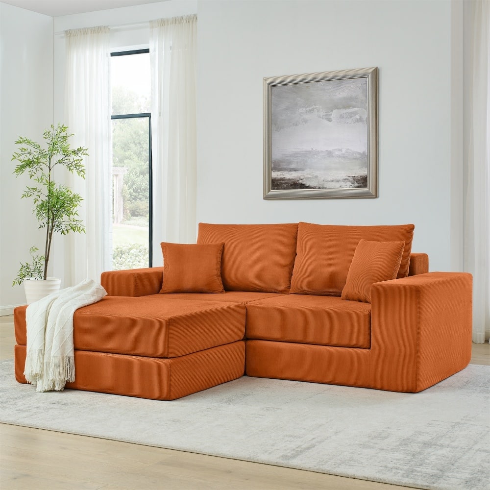 Modular Upholstered Convertible Sectional Sofa with Ottoman & Throw Pillows