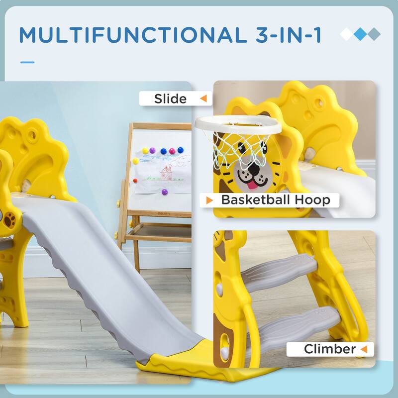 Kids Cartoon Pattern PE Indoor Slide with Basketball Hoop and Climber for Ages 18-36 Months - 52.25" L x 23.5" W x 27.5" H