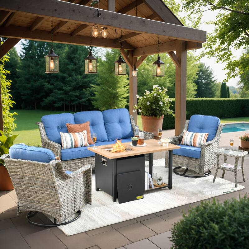 XIZZI 5-piece Patio Furniture Wicker Swivel Rocking Chair Set with Fire Pit - Diamond Blue