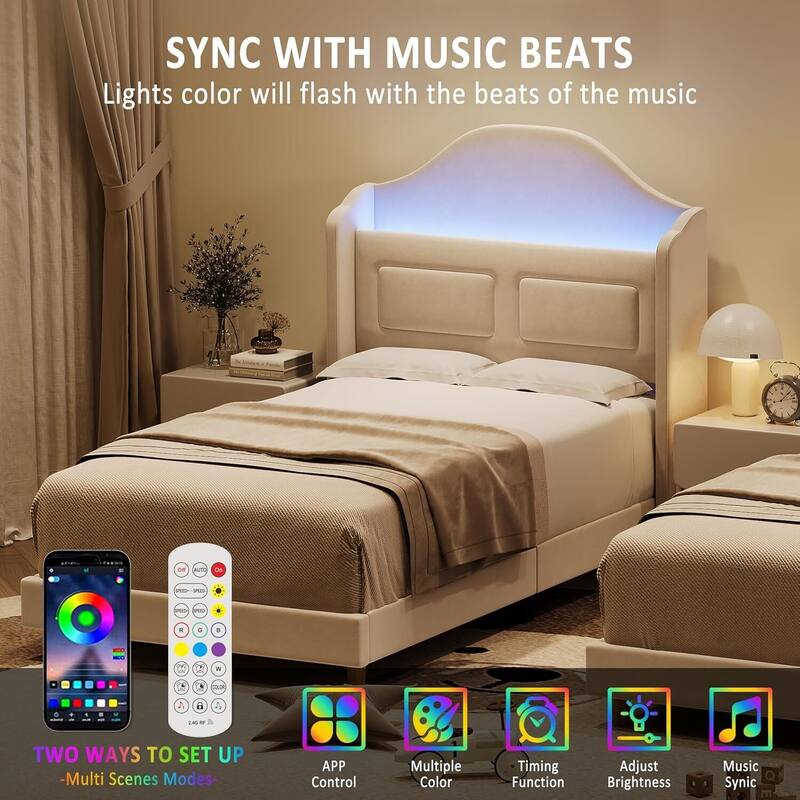 Twin Size Upholstered Velvet Platform Bed Frame for Kids with LED Lights Bookcase Headboard