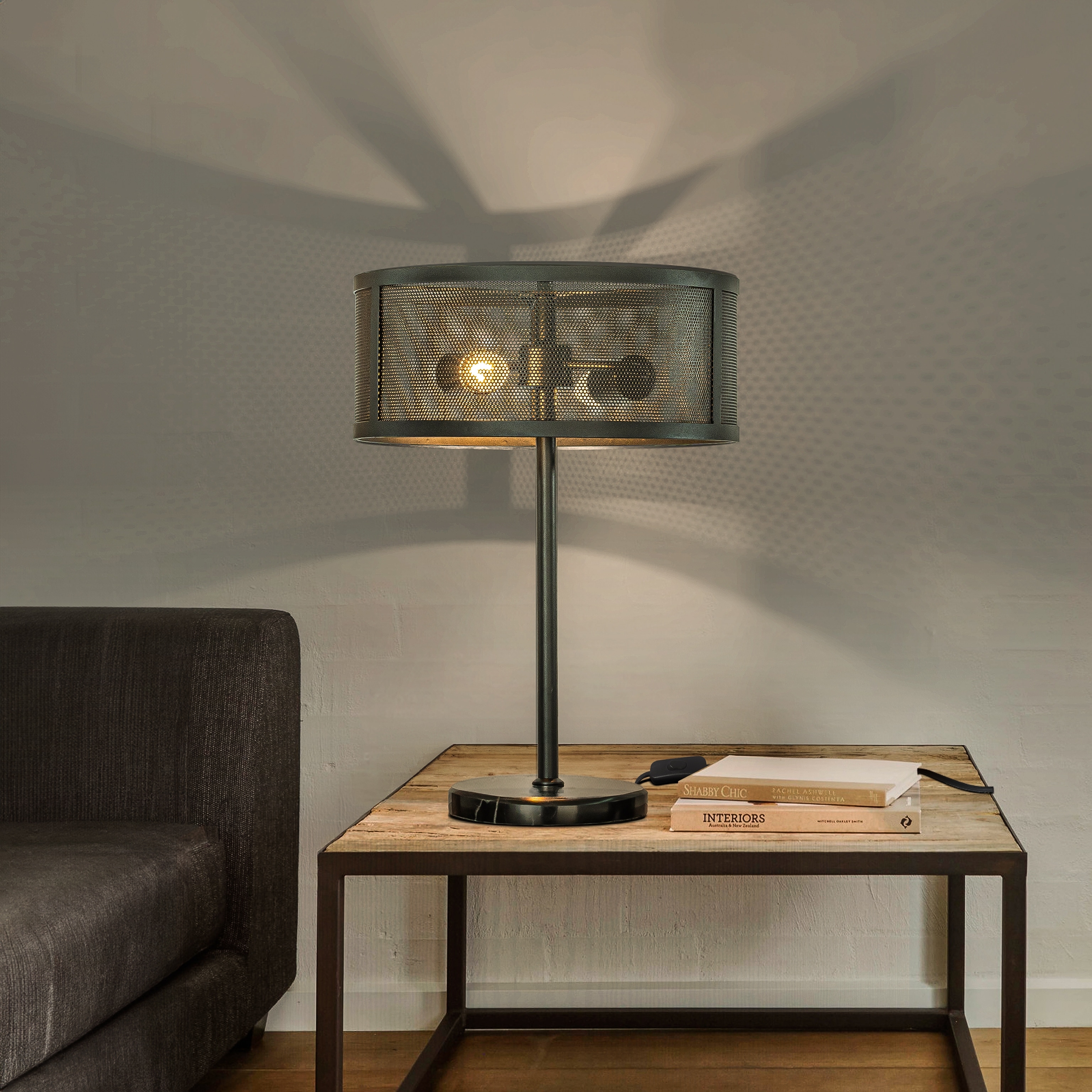 2 Light 14 inch Rustic Industrial Matte Black Table Lamp with Metal Mesh Open Cage Lampshade and Marble Base W14