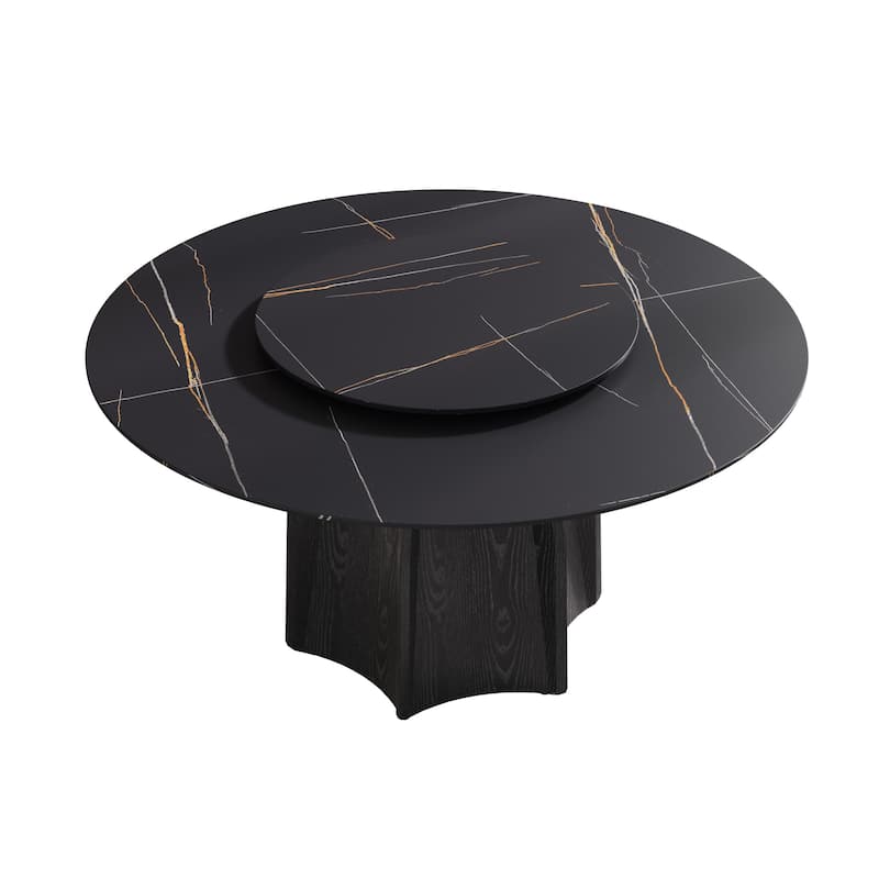 59.05'' Modern Round Sintered Stone Table Top Black Wood Pedestal with Lazy Susan