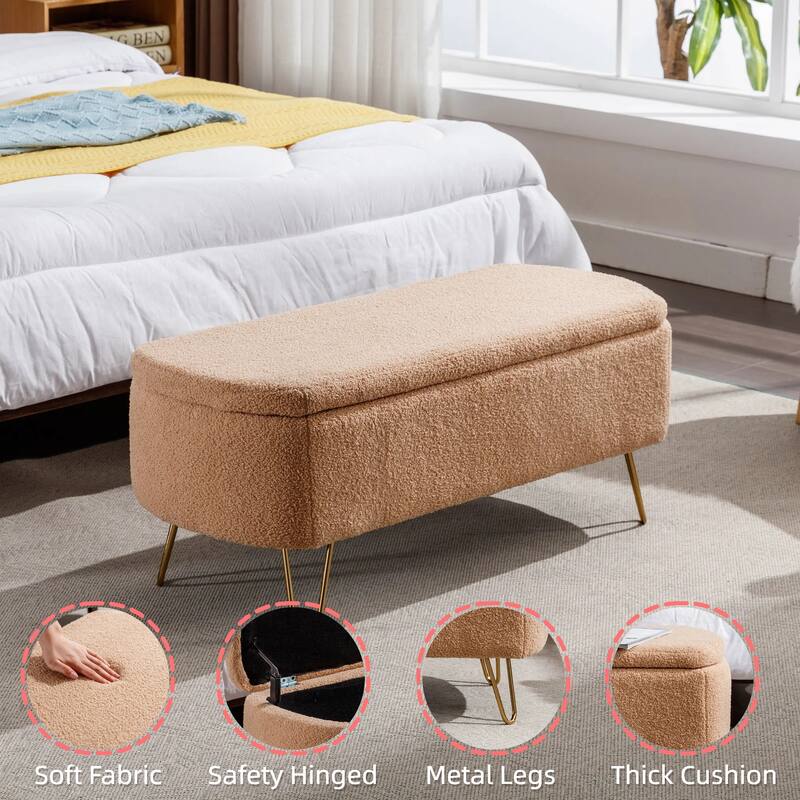 Modern Faux Fur Storage Ottoman Bench with Gold Legs for Living Room, Bedroom, Entryway