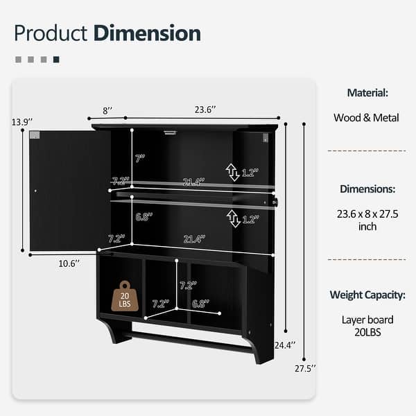 dimension image slide 2 of 7, Futzca Bathroom Cabinet Wall Mounted, Storage Cabinet with Doors and Shelves