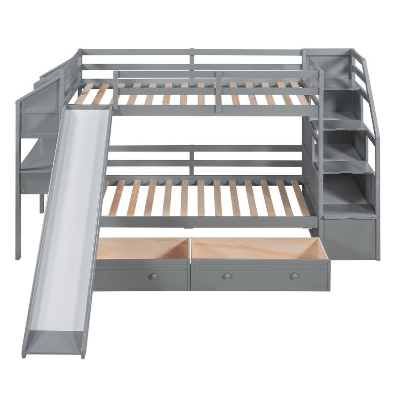 Twin Over Twin Bunk Bed with Storage Staircase, Slide, Drawers, and Desk, Gray