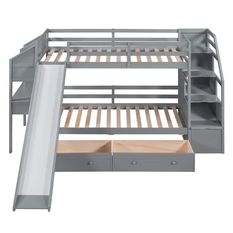 Wooden Bunk Bed w/Desk, Twin Over Twin Bed Frame w/Drawers Slide
