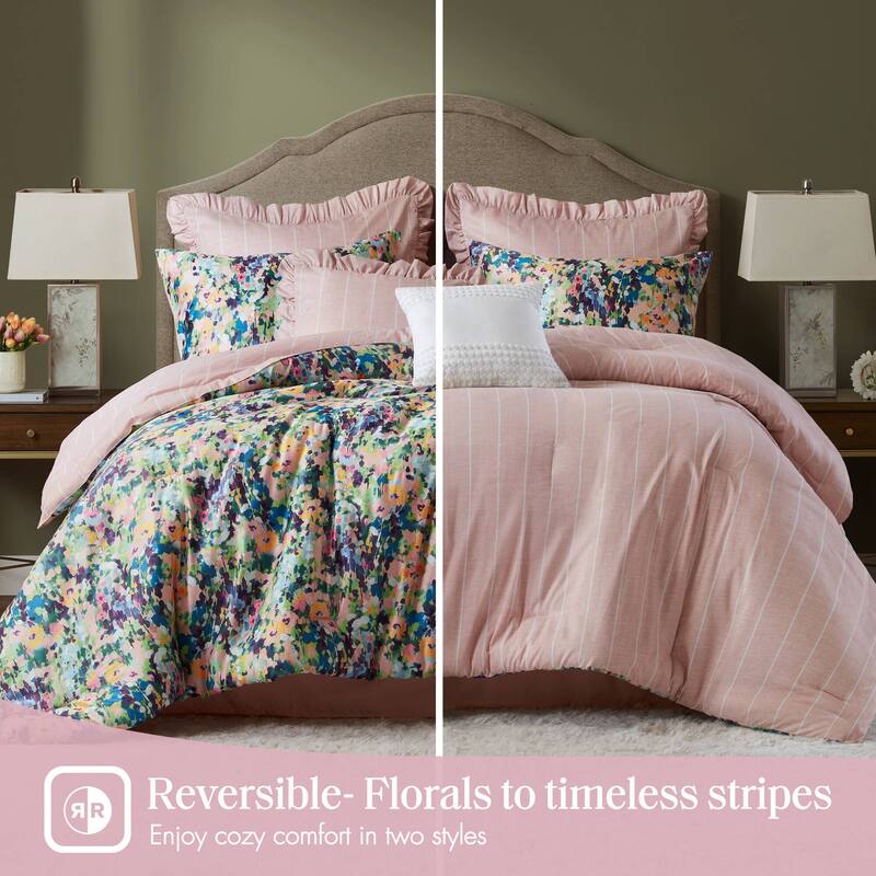 Romantic King 8PC Floral Comforter Set Cotton Reversible with Bed Skirt & Decorative Pillows