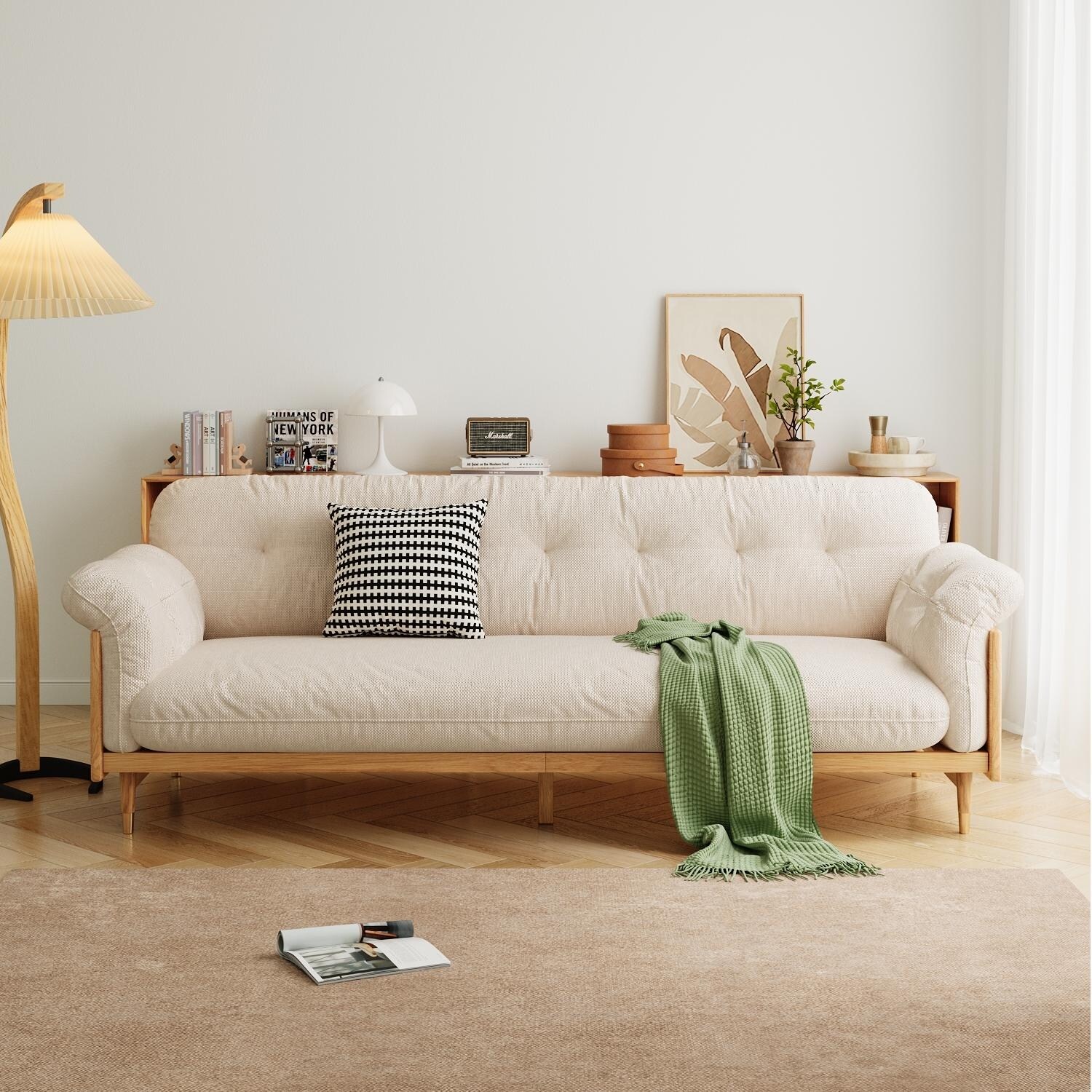 JASIWAY Modern 3-Seat Upholstered Cotton Linen Sofa,Beige - On