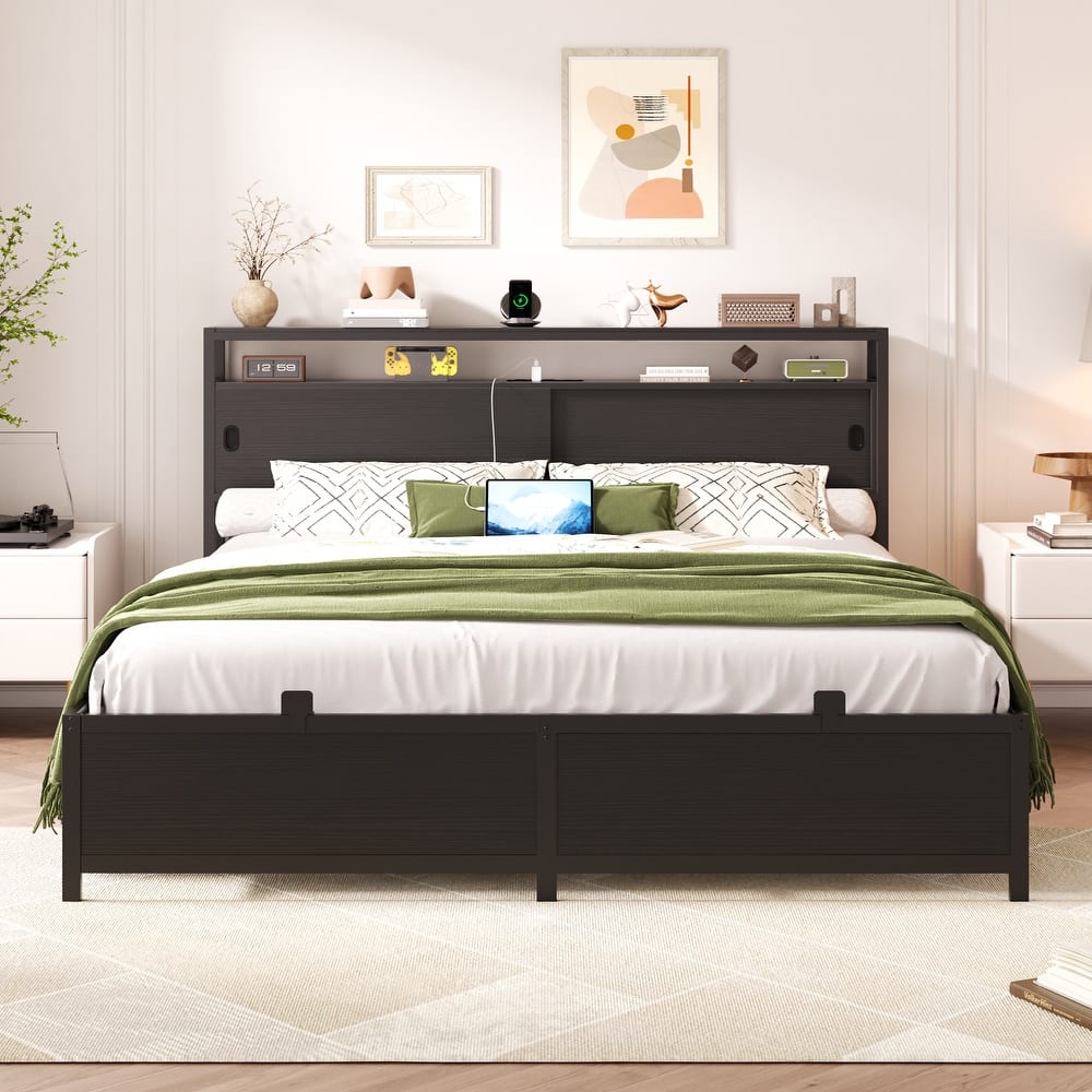 Platform Bed Frame with Sliding Doors Storage Headboard, Beds with Charging Station and LED Light