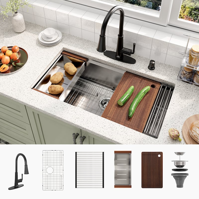 Undermount Nano Brushed Stainless Steel Workstation Kitchen Sink with Sensor-Activated Kitchen Faucet and Accessories