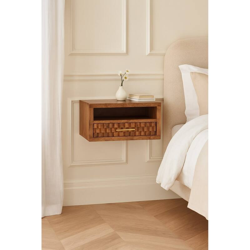 Solid Wood Arno Wall-Mounted Nightstand in Golden Teak,Brown,1-Shelf,1-Drawer
