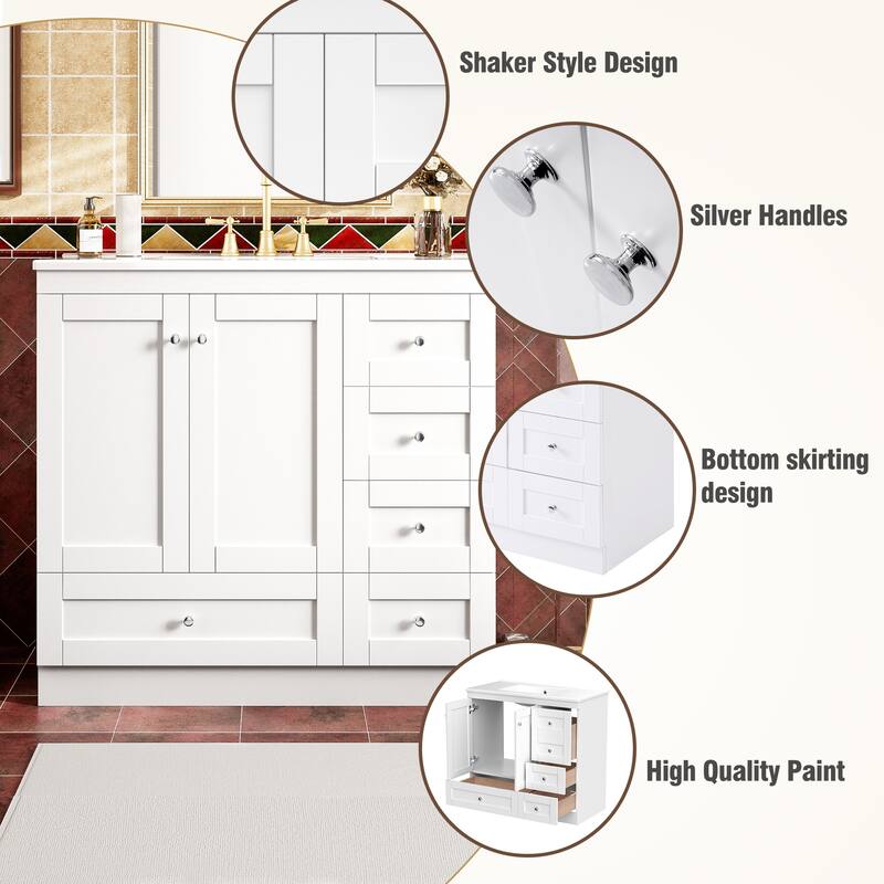 36" Shaker Bathroom Vanity with Ceramic Sink - 4 Soft-Close Drawers & 2 Doors, Free-Standing Cabinet