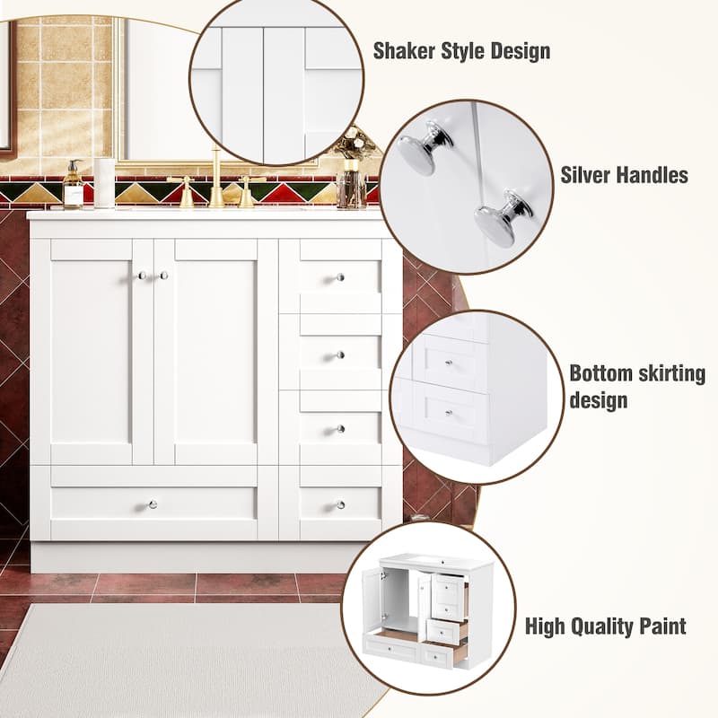 36" Shaker Style Bathroom Vanity with Ceramic Sink, Soft-Close Doors, 4 Drawers, Painted MDF Cabinet