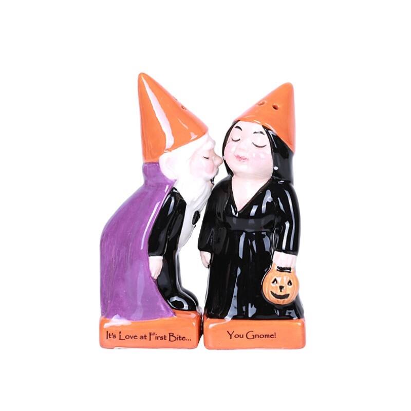 Halloween Gnomes Love at First Bite Ceramic Salt and Pepper Shakers Magnetic - Purple,Black,Orange