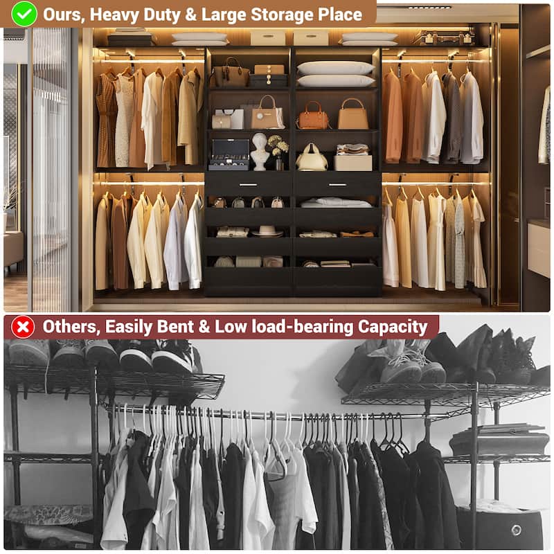 Set of 2 Closet System with Wooden Drawers and Hanging Rods, Closet Organizer with Adjustable Storage Shelves