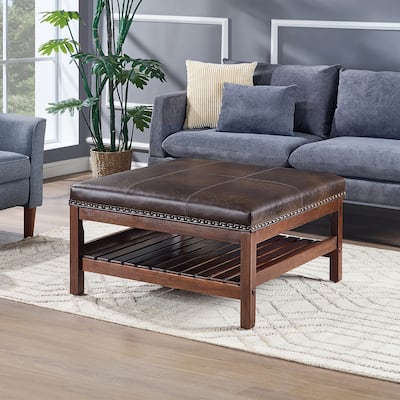 Coffee Table Cocktail Ottoman with Storage Shelf - Large Upholstered Centerpiece with Open Shelf for Storage and Decor