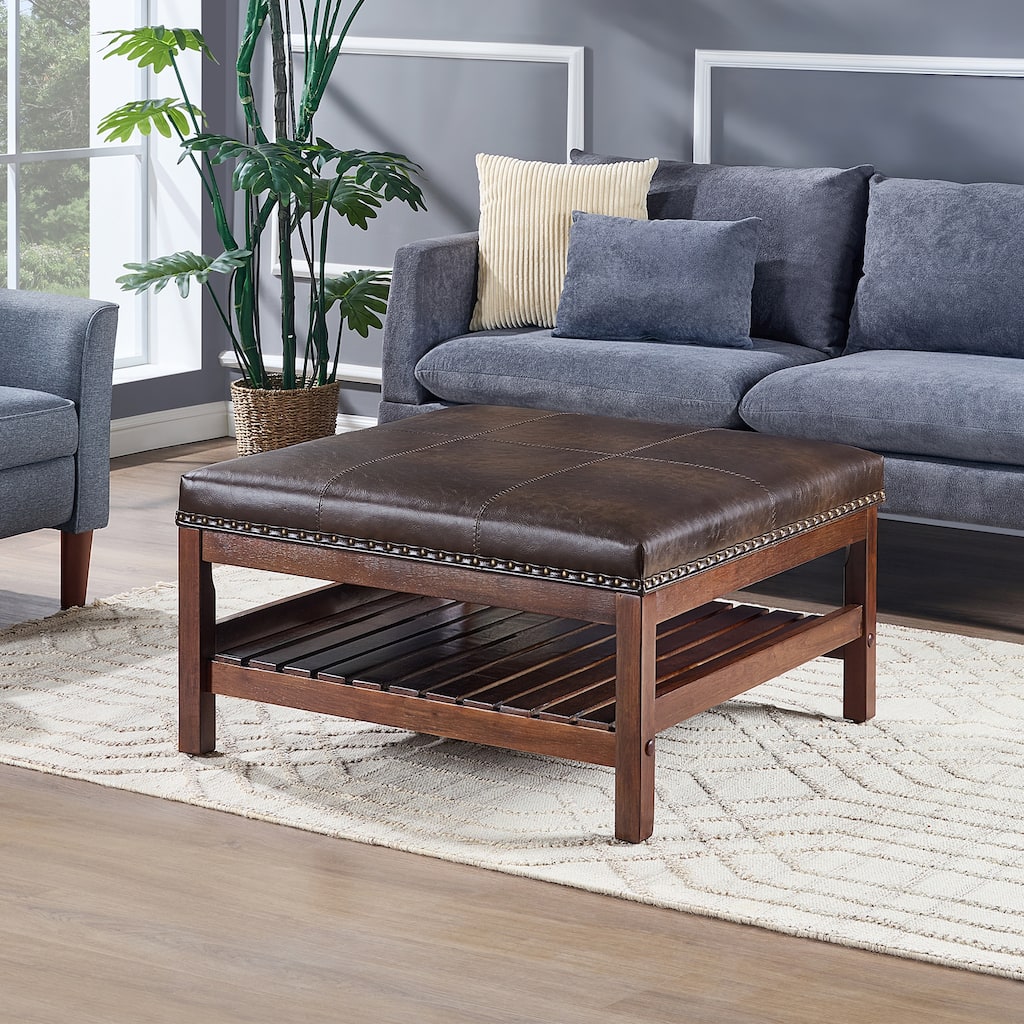Coffee Table Cocktail Ottoman with Storage Shelf - Large Upholstered Centerpiece with Open Shelf for Storage and Decor