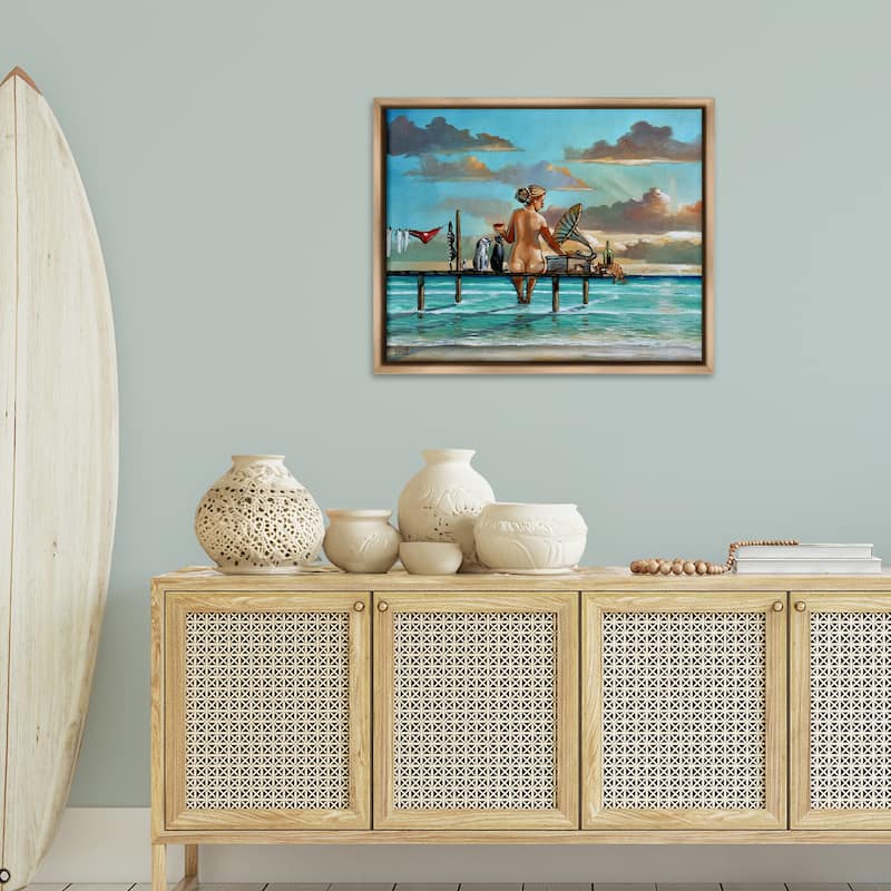 Stupell Woman & Cats Beach Sunset Framed Floater Canvas Wall Art Design By Ronald West
