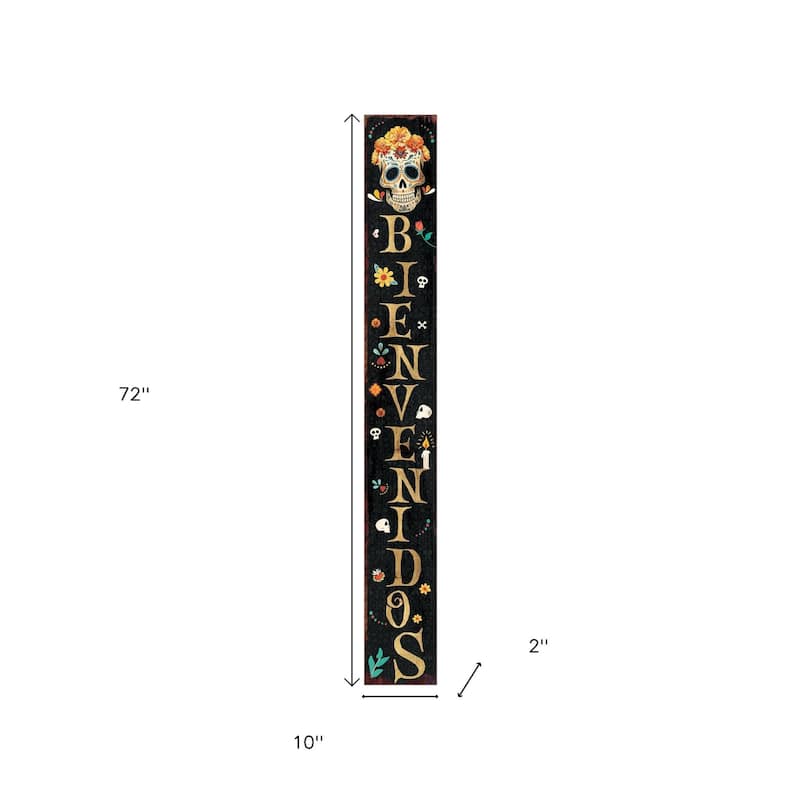 HomeRoots 72" Black Gold And Orange Solid Wood Bienvenidos Skull Porch Sign