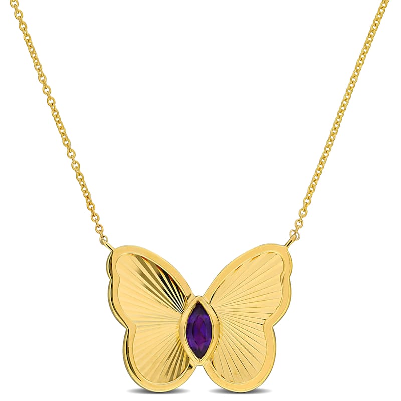 Miadora 1/8ct TGW Amethyst Butterfly Pendant Necklace in 10k Yellow Gold-17 in