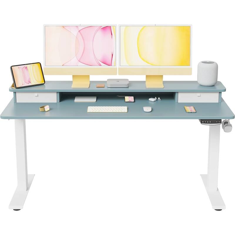 FEZIBO Height Adjustable Electric Standing Desk with Double Drawer, Stand Up Desk with Storage Shelf, Sit Stand Desk