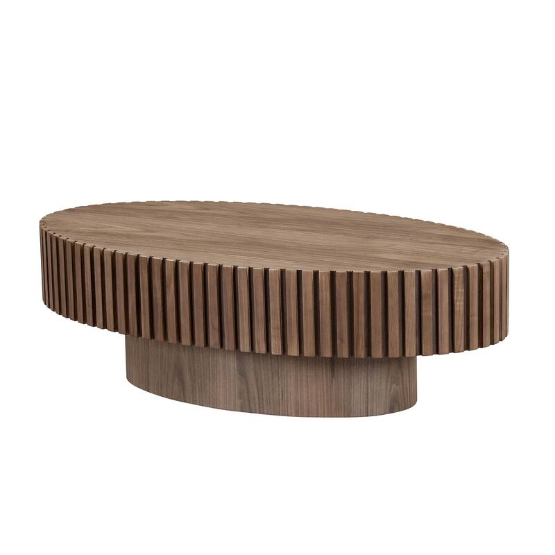 Oval Compact Low Coffee Table Handcraft Drum Small Center Table with Side Fluted Design and Wood Grain for Living Room Office