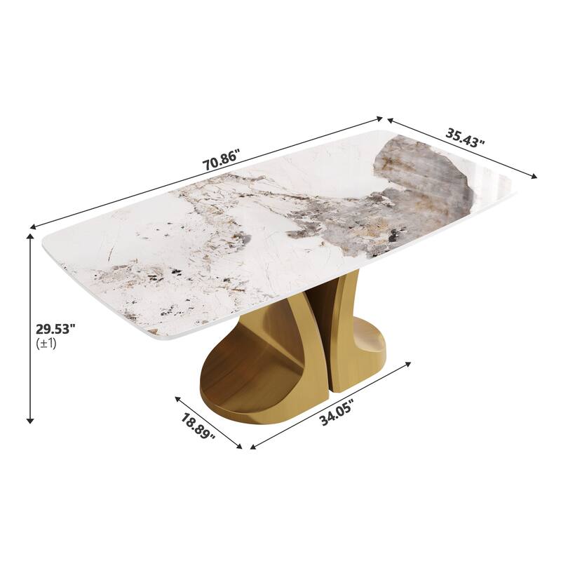 70-Inch Rectangle Marble Dining Table, Modern Sintered Stone Kitchen Dinner Table with Gold Finish Metal Base for 6-8