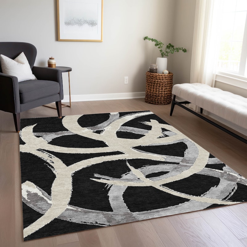 Machine Washable Indoor/ Outdoor Abstract Contemporary Chantille Rug