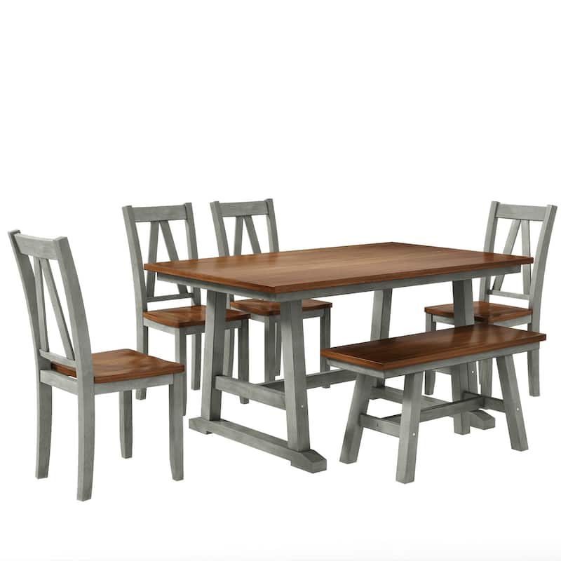 6-Piece Dining Table Set with Sturdy Rubberwood and Multifunctional Chairs and Bench for Family Meals