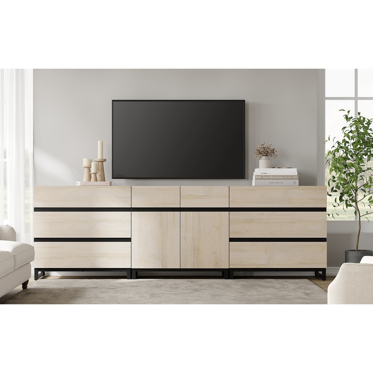 Modern TV Stand for TVs up to 100 inch, 3 in 1 TV Console with Adjustable Shelf and 6 Drawers, Media Console