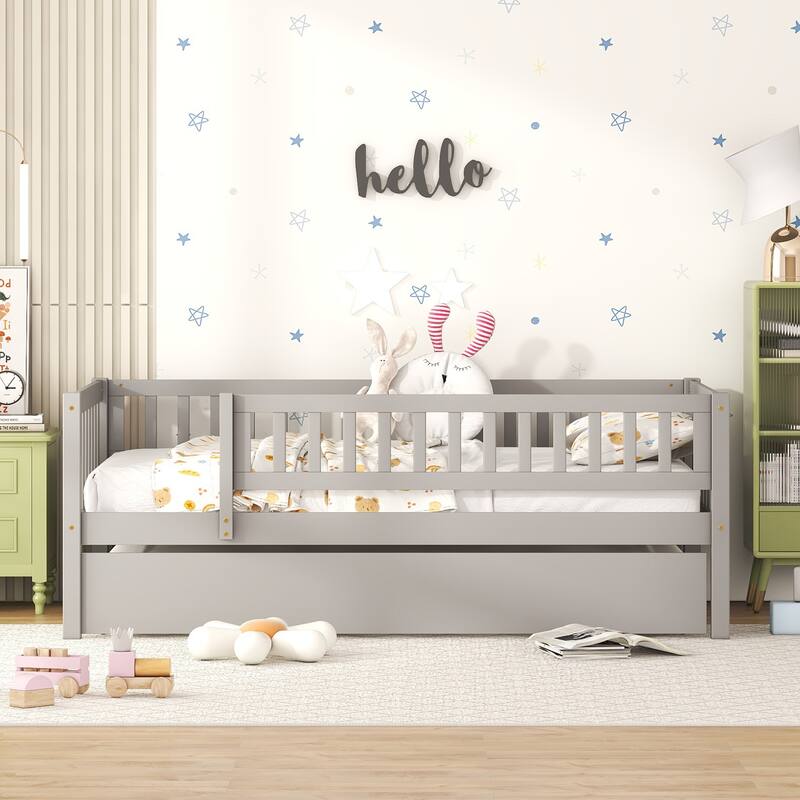 Twin/Full Size Daybed with Trundle and Safety Fence Guardrails, Pine Wood Frame, Space-Saving Design