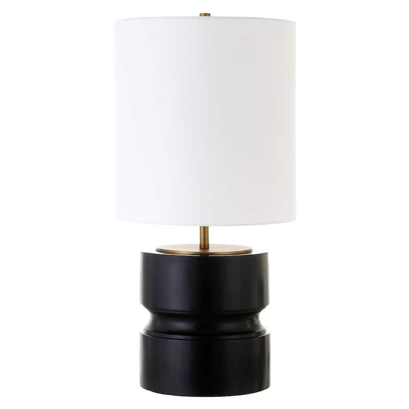 27" Beige and Gold Metal Geometric Table Lamp With White Drum Shade - 14" x 14" x 28" - White