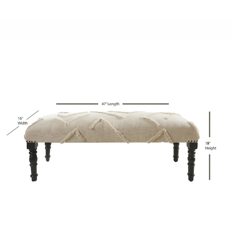 Black Wood Cream Cotton Upholstered Bedroom Bench Geometric Pattern Nailhead Trim - 16” D x 47” W x 18” H