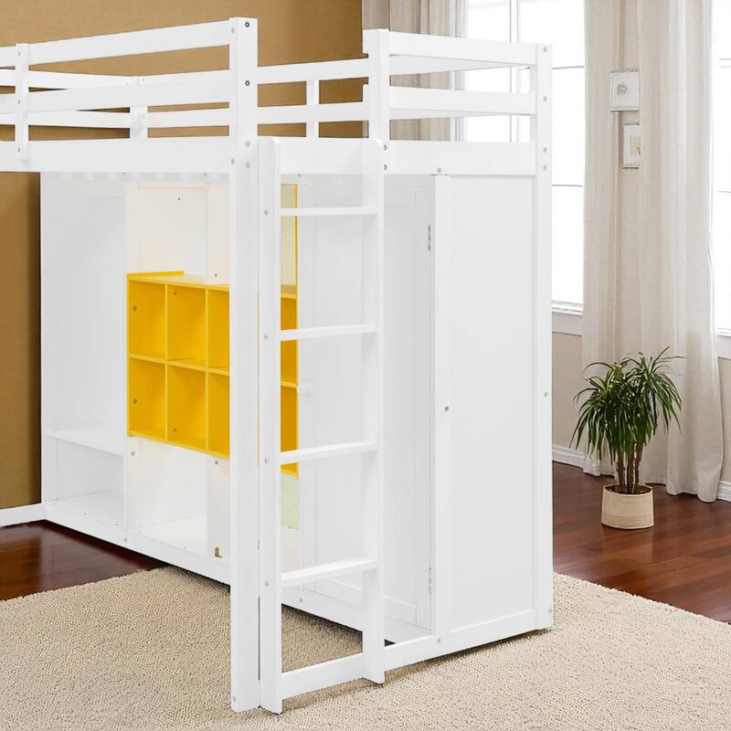 Space-Saving Twin/Full Loft Bed, Solid Wood Frame with Open Wardrobe, Colorful Shelves, Cabinet Storage & Reversible Ladder