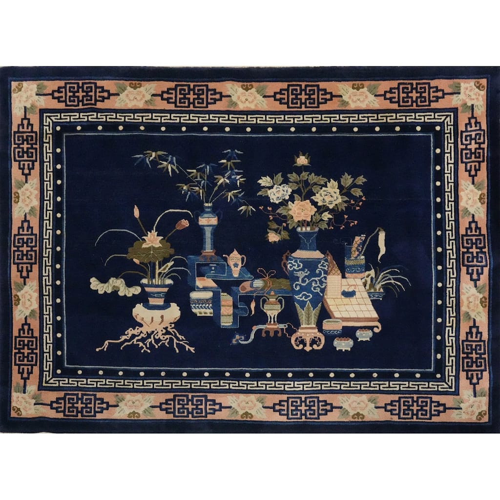 Hand Knotted Oriental 100% Wool Carpet Traditional Pictorial Navy Blue & Blues Art Deco Area Rug - 6' 6'' X 5' 0''