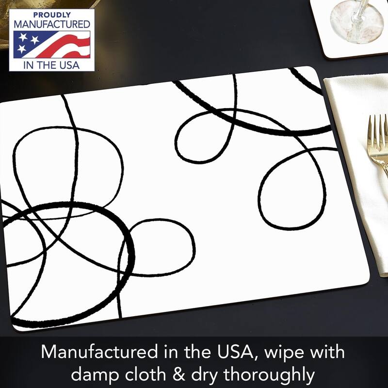 Scribble Decorative Hardboard Placemats with Protective Cork Backing 4 Pack Heat Tolerant and Easily Wipes Clean