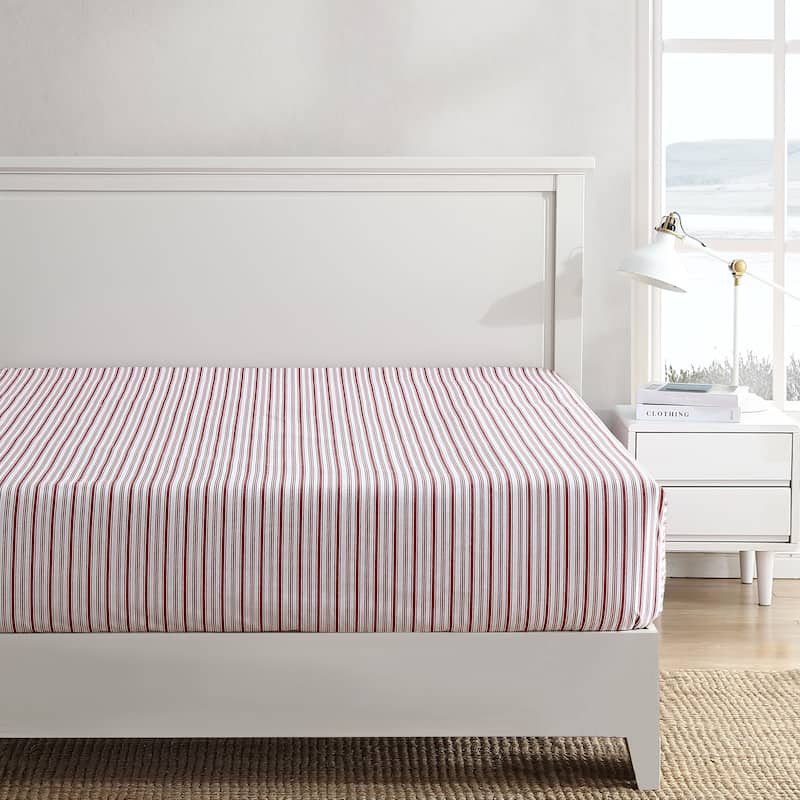 Nautica Percale Cotton Fully Elastic Fitted Sheet - Queen - Coleridge Stripe Red