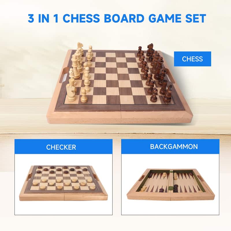 16" Classic 3-in-1 Wooden Folding Chess, Checker and Backgammon Board Game Combo Set