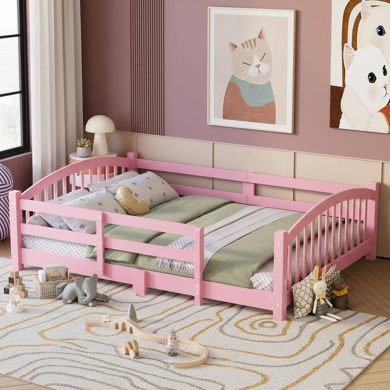 Montessori Solid Pine Floor Bed with Full-Length Safety Fence & Slatted Base by Harper&Bright Designs