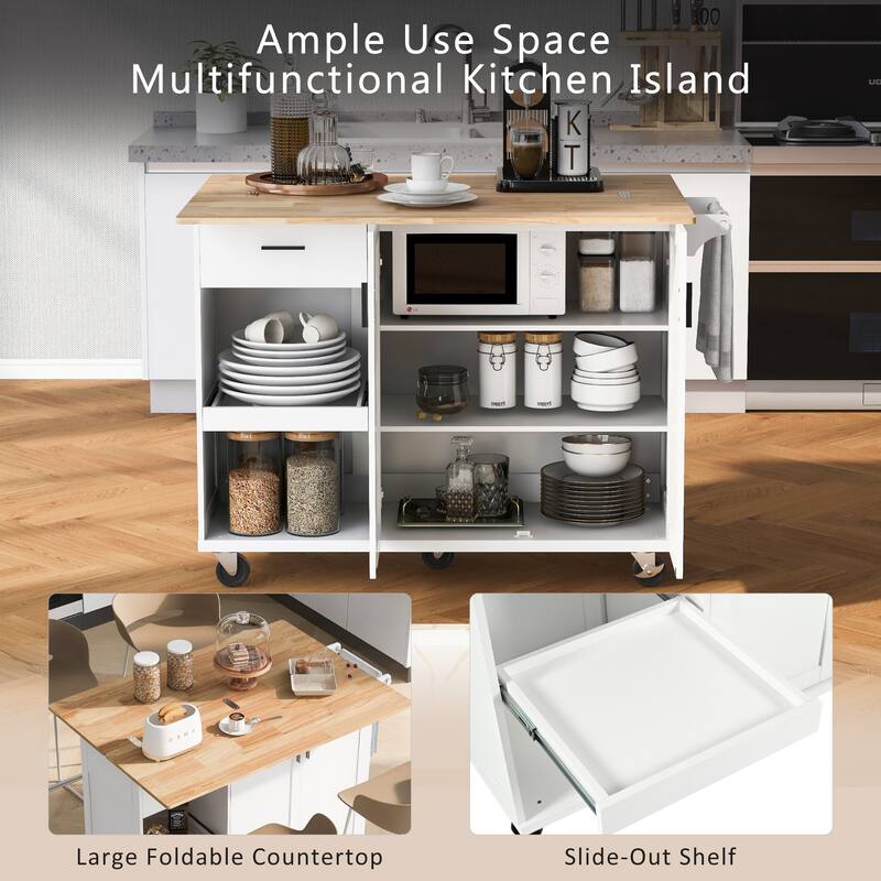 Kitchen Island With Foldable Countertop Slide-Out Shelves Towel Rack and Drawer, for Kitchen, Living Room Dining Room, White